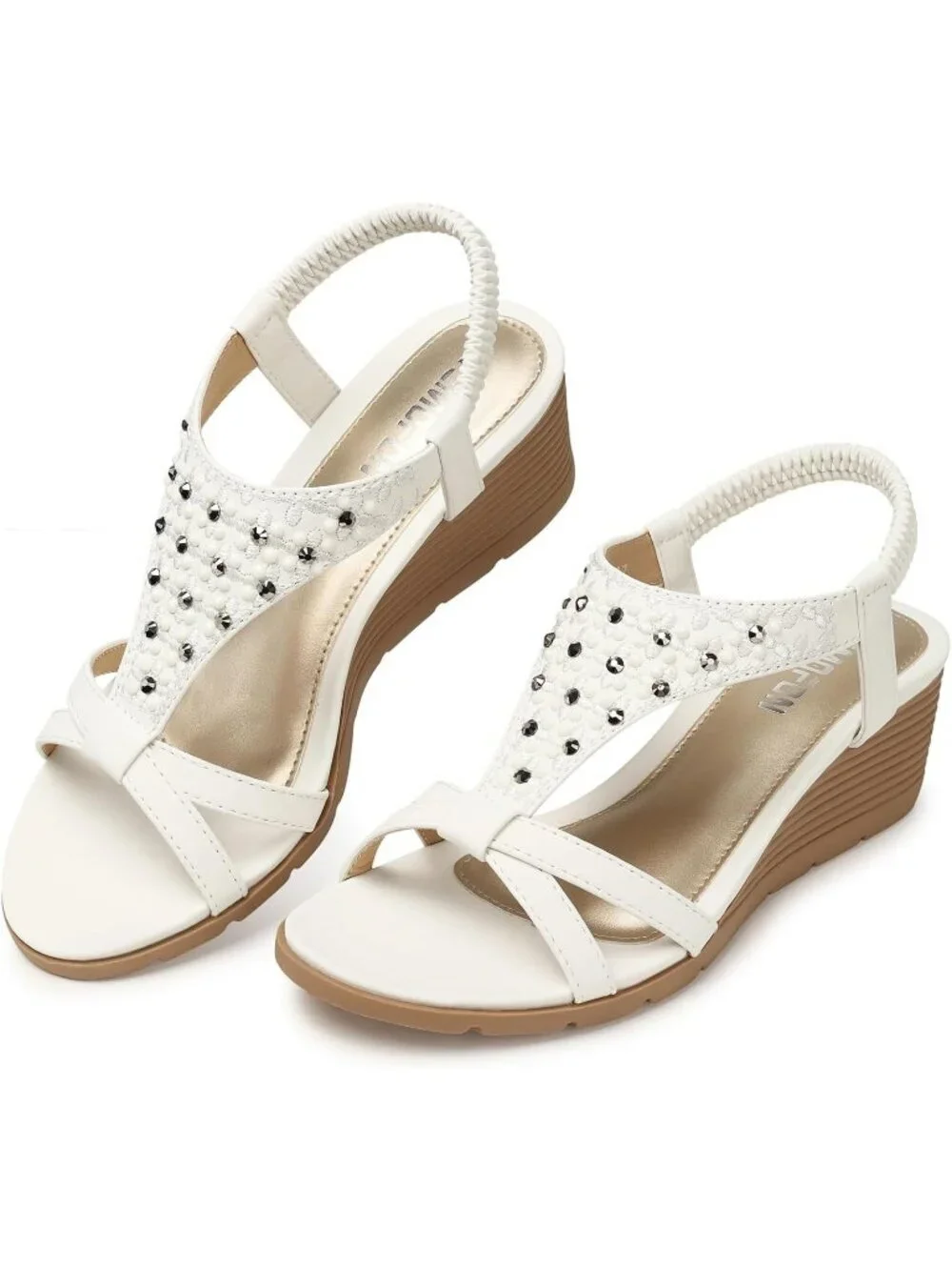 Women's All White Elastic Open Toe Flower Low Wedge Heels Platform Sandal Shoes